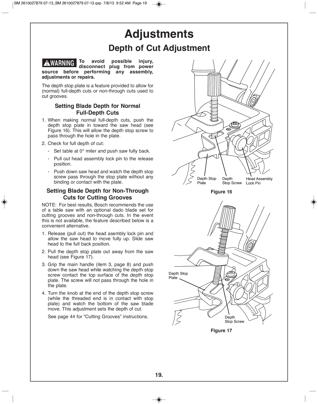 Bosch Power Tools CM10GD manual Depth of Cut Adjustment, Setting Blade Depth for Normal Full-Depth Cuts 