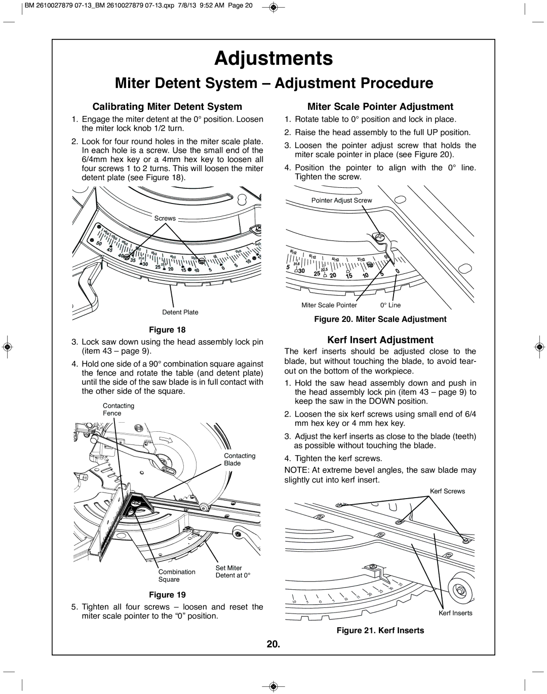 Bosch Power Tools CM10GD Miter Detent System Adjustment procedure, Calibrating Miter Detent System, Kerf Insert Adjustment 