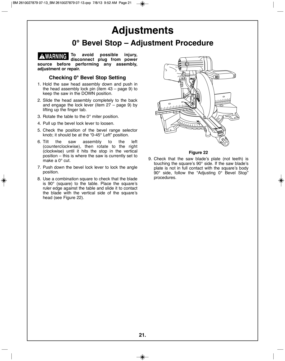 Bosch Power Tools CM10GD manual Bevel Stop Adjustment procedure, Checking 0 Bevel Stop Setting 