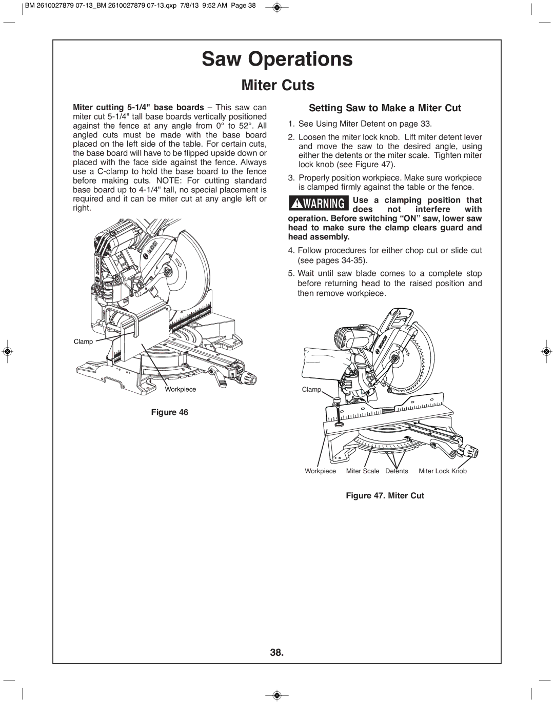 Bosch Power Tools CM10GD manual Setting Saw to Make a Miter Cut 