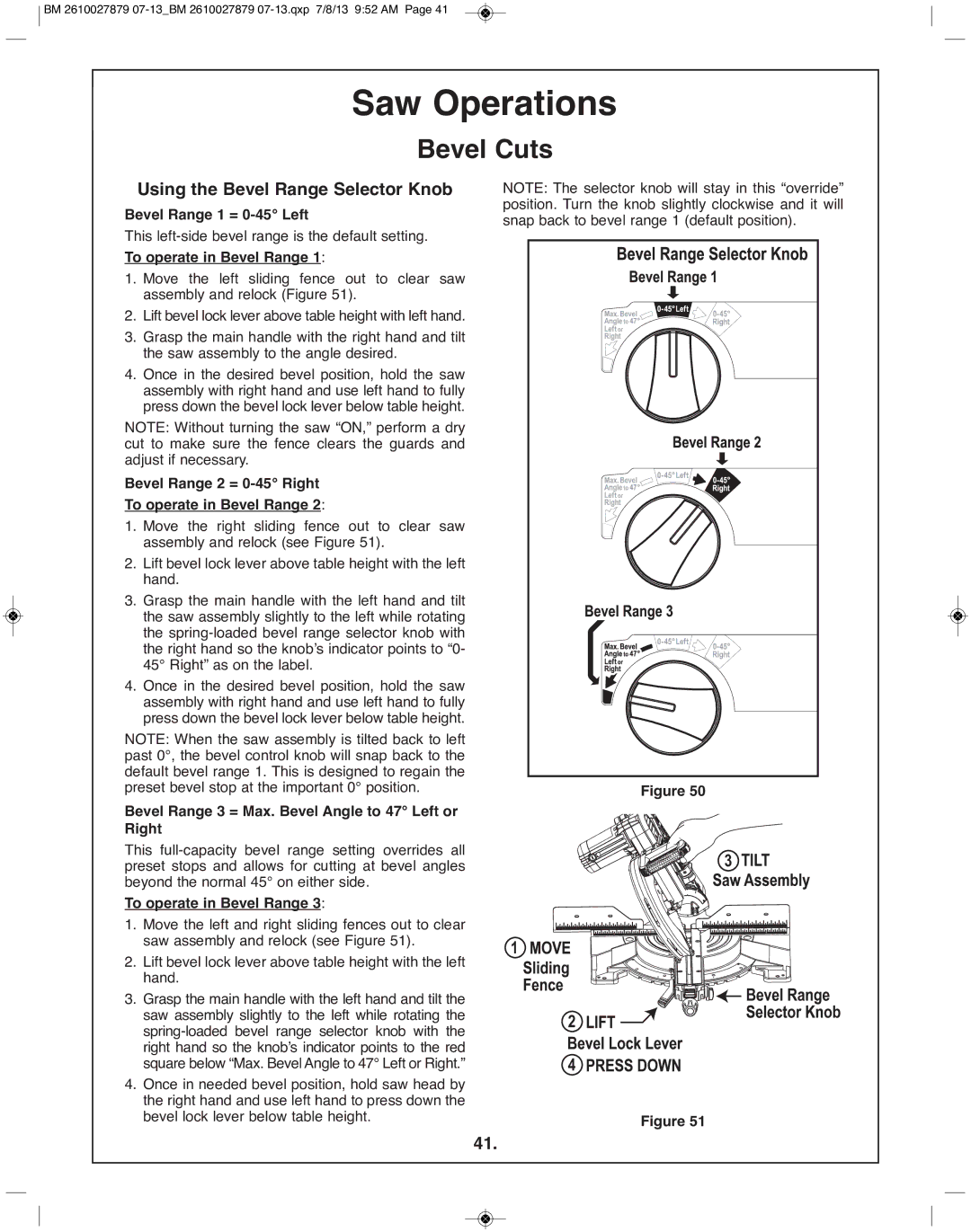 Bosch Power Tools CM10GD manual Using the Bevel Range Selector Knob, Bevel Range 1 = 0-45 left, To operate in Bevel Range 