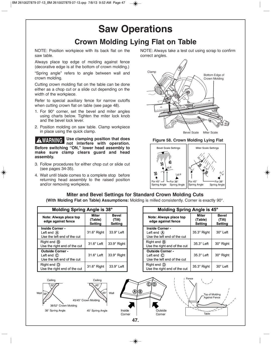 Bosch Power Tools CM10GD manual Crown Molding lying flat on Table 