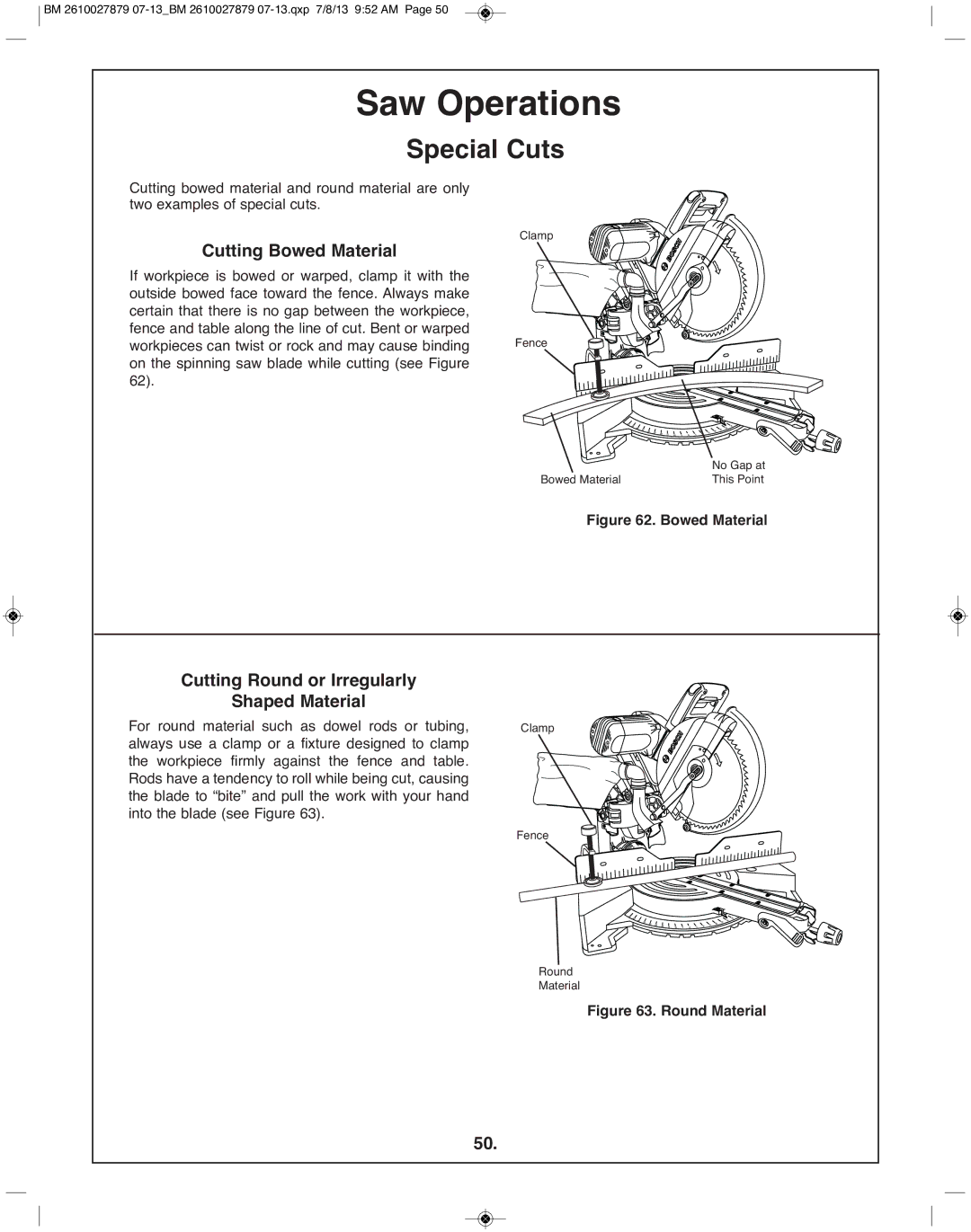 Bosch Power Tools CM10GD manual Special Cuts, Cutting Bowed Material, Cutting Round or Irregularly Shaped Material 