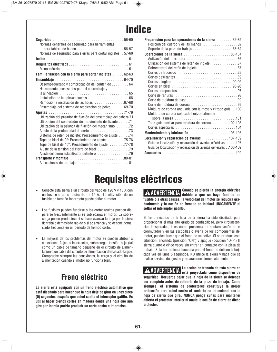 Bosch Power Tools CM10GD manual Indice, Requisitos eléctricos, Freno eléctrico 