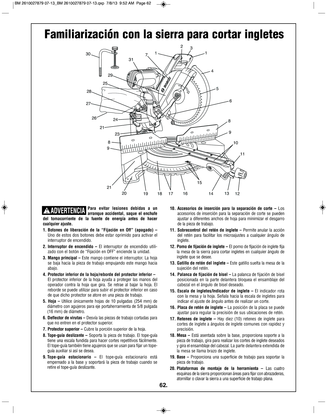 Bosch Power Tools CM10GD manual Familiarización con la sierra para cortar ingletes 