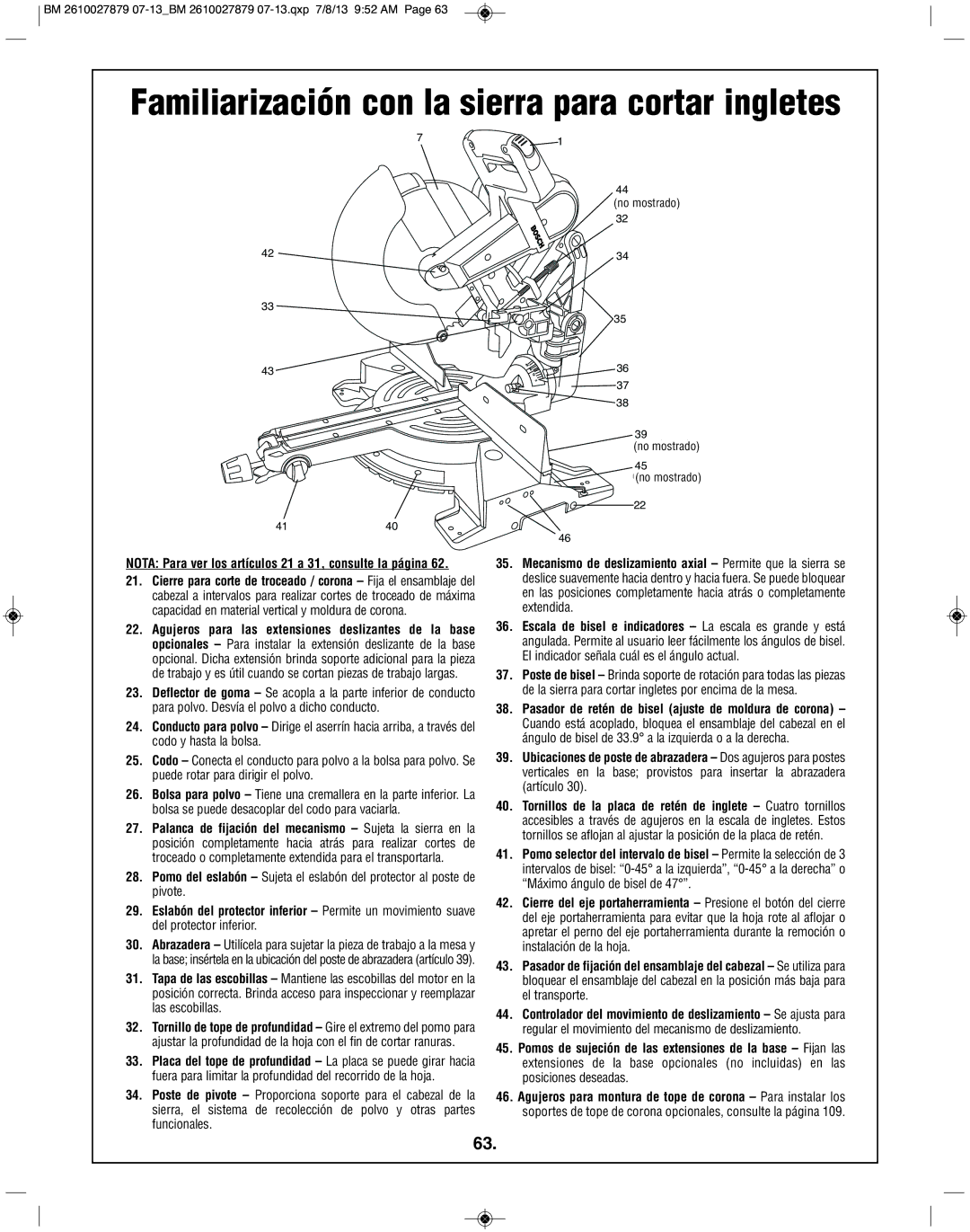 Bosch Power Tools CM10GD manual Nota Para ver los artículos 21 a 31, consulte la página 