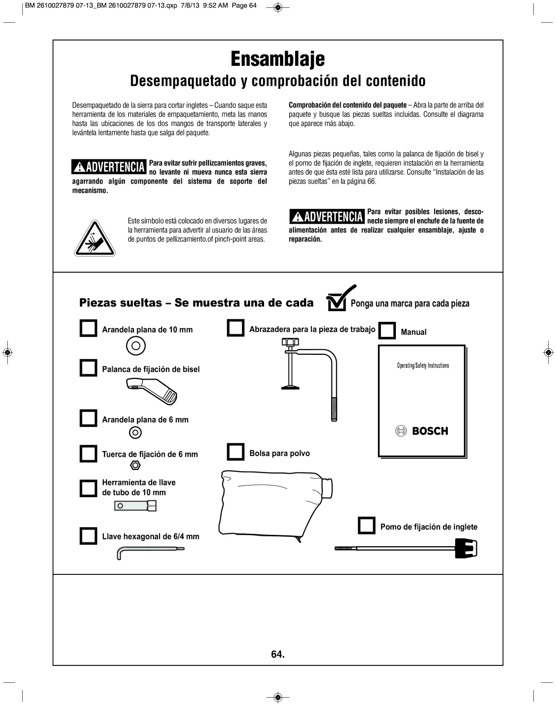 Bosch Power Tools CM10GD manual Ensamblaje, Desempaquetado y comprobación del contenido 