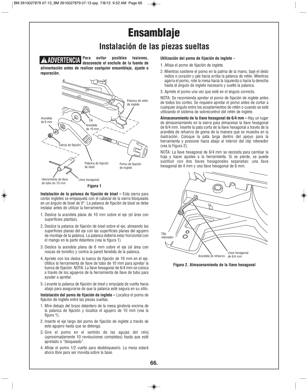 Bosch Power Tools CM10GD manual Instalación de las piezas sueltas, Utilización del pomo de fijación de inglete 