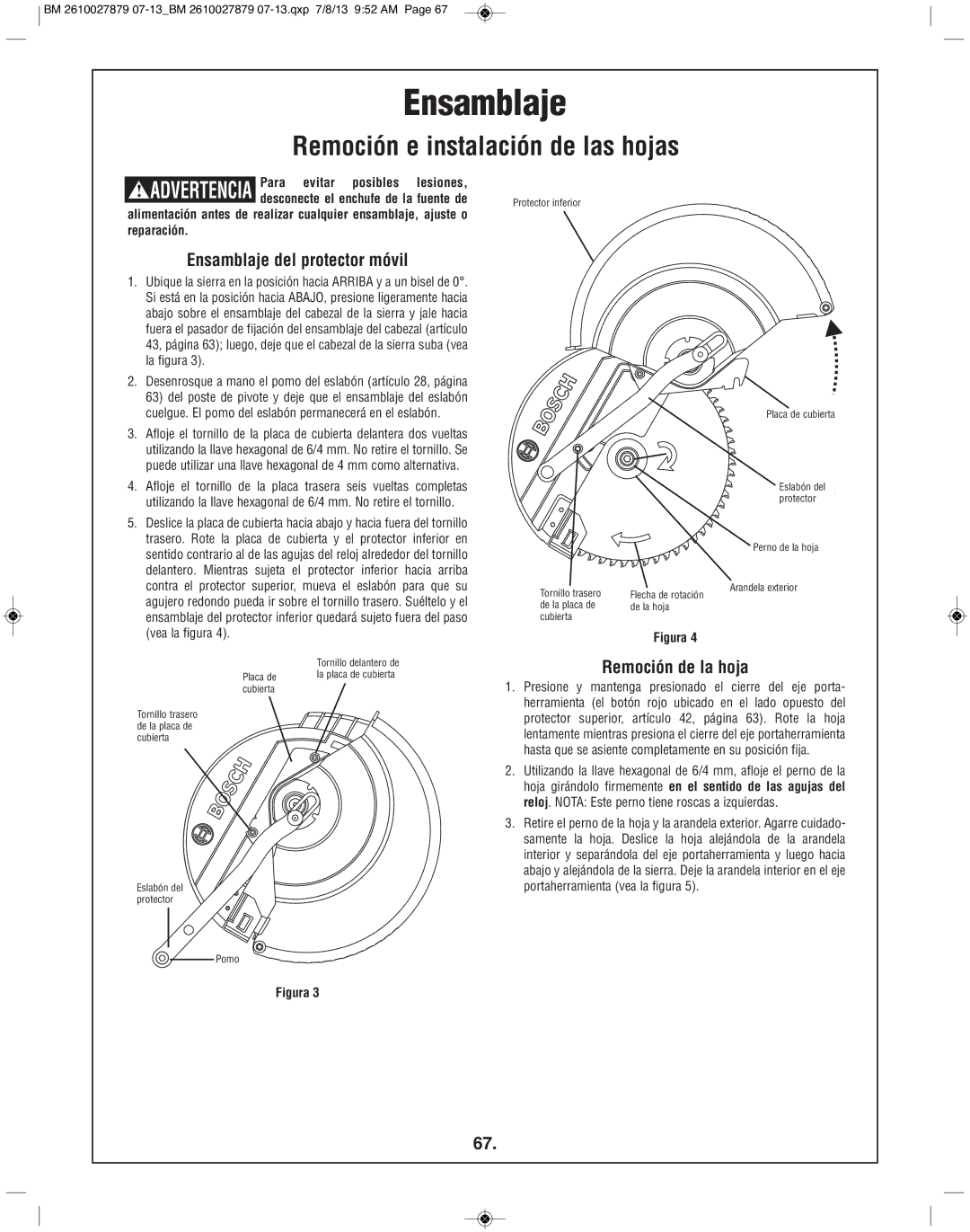 Bosch Power Tools CM10GD manual Remoción e instalación de las hojas, Ensamblaje del protector móvil, Remoción de la hoja 