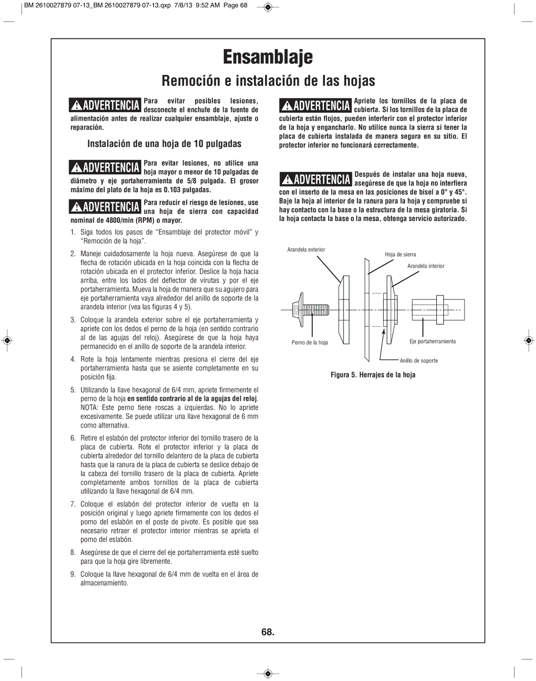 Bosch Power Tools CM10GD manual Instalación de una hoja de 10 pulgadas, Nominal de 4800/min RPM o mayor 