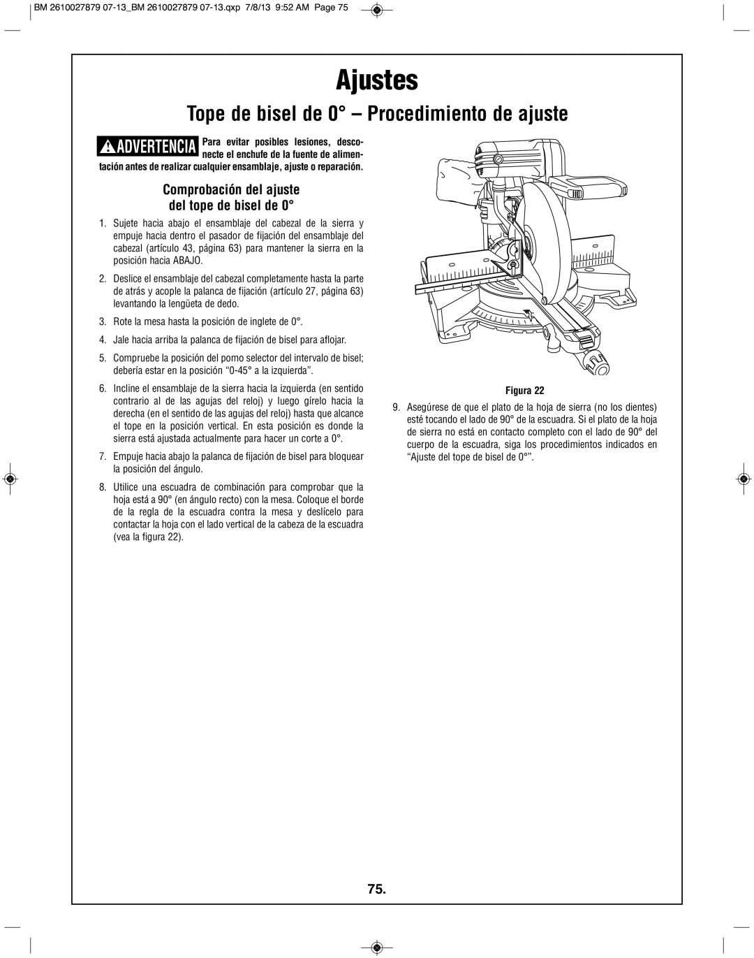 Bosch Power Tools CM10GD manual Tope de bisel de 0 Procedimiento de ajuste, Comprobación del ajuste del tope de bisel de 