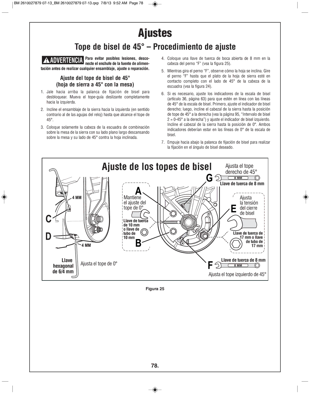 Bosch Power Tools CM10GD manual Ajuste del tope de bisel de Hoja de sierra a 45 con la mesa 