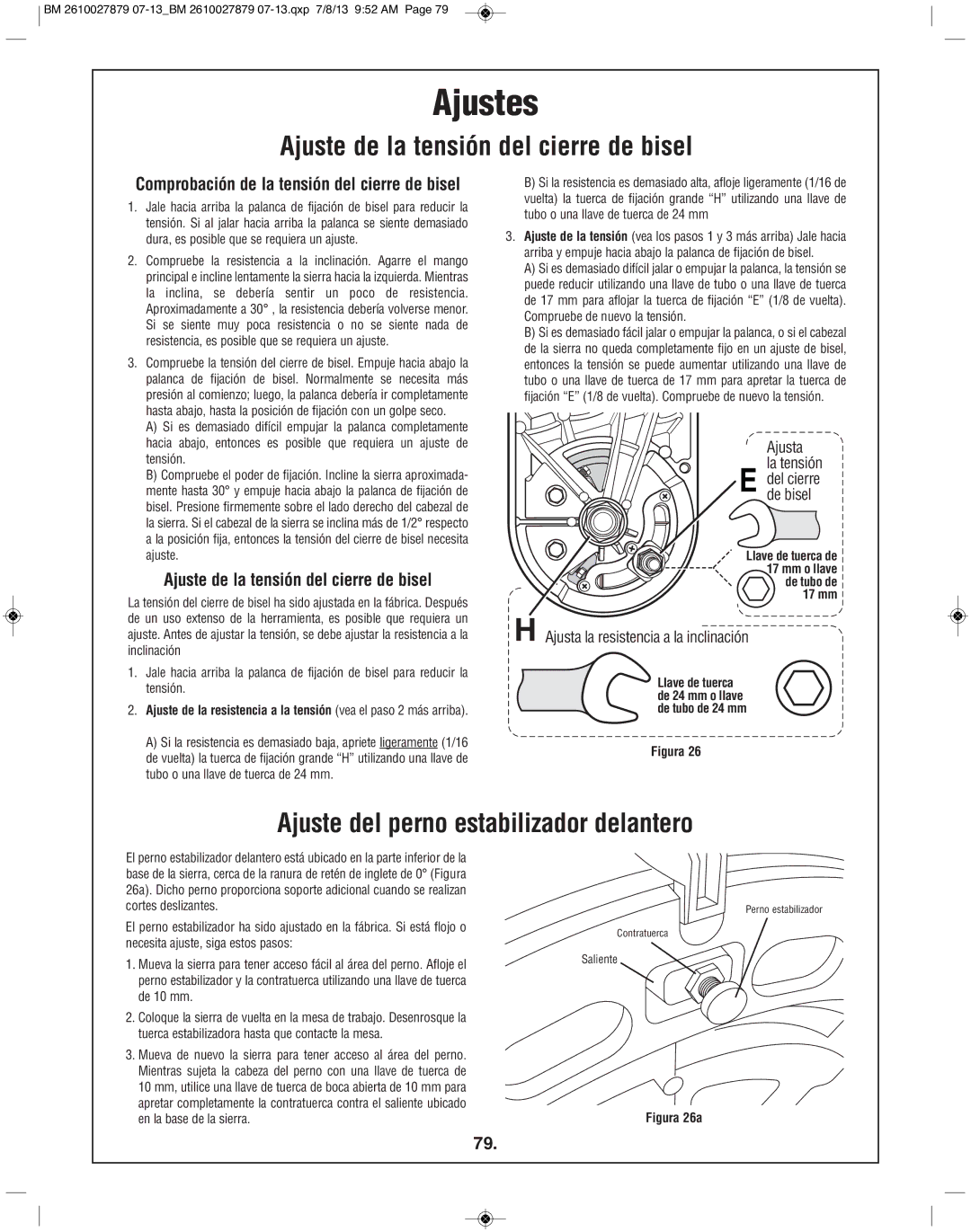 Bosch Power Tools CM10GD manual Ajuste de la tensión del cierre de bisel, Ajuste del perno estabilizador delantero 