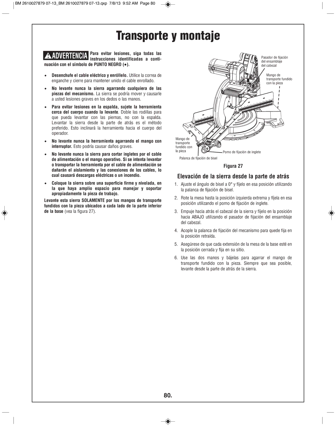 Bosch Power Tools CM10GD manual Transporte y montaje, Elevación de la sierra desde la parte de atrás 