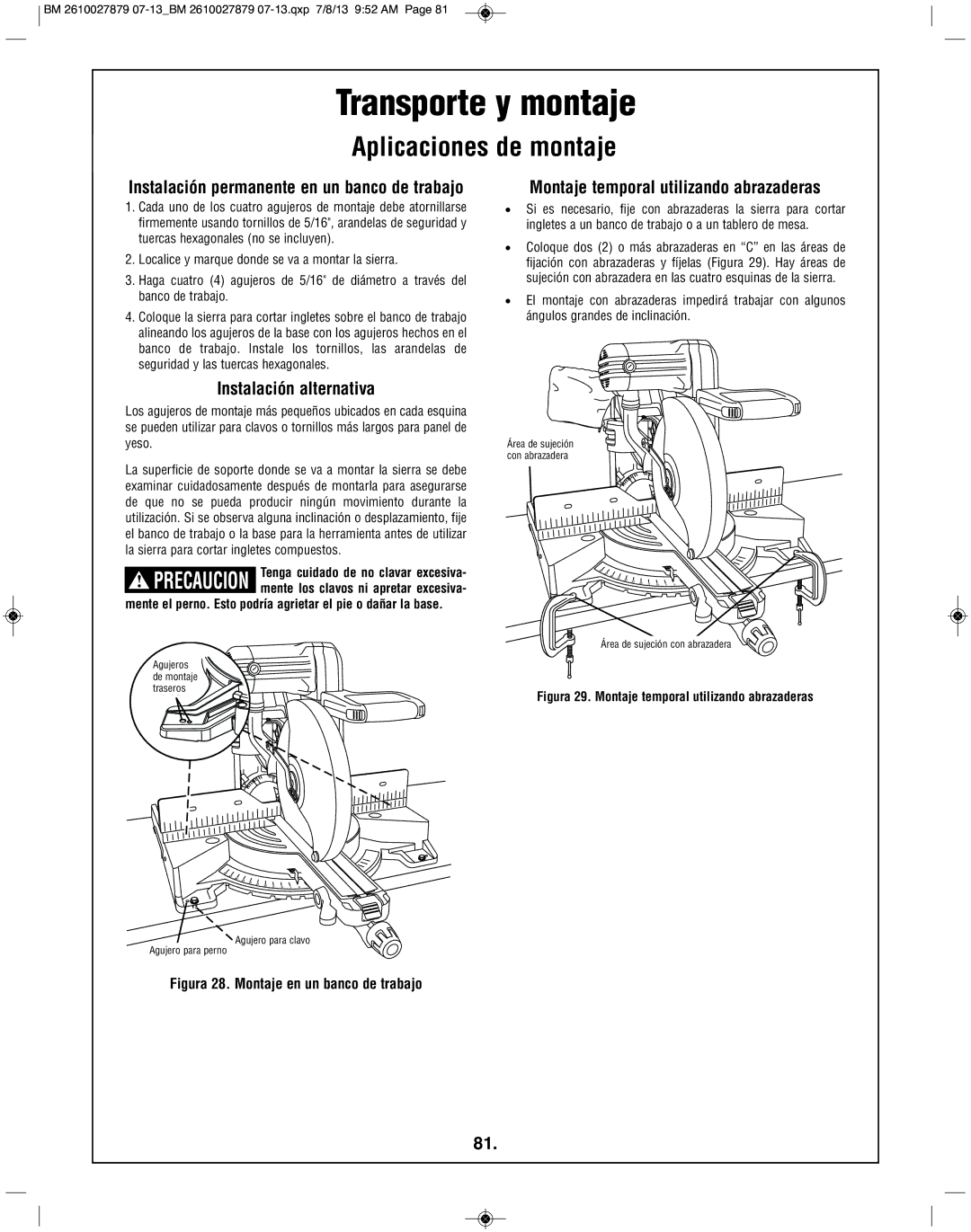 Bosch Power Tools CM10GD manual Aplicaciones de montaje, Instalación alternativa, Montaje temporal utilizando abrazaderas 