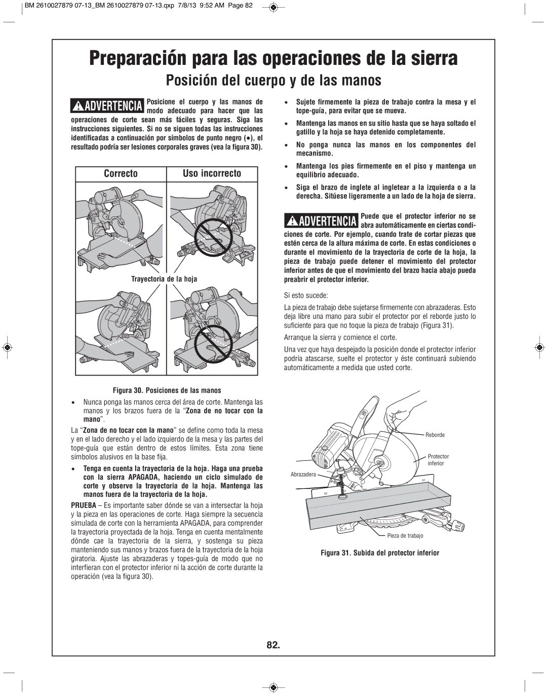 Bosch Power Tools CM10GD manual Preparación para las operaciones de la sierra, Posición del cuerpo y de las manos 