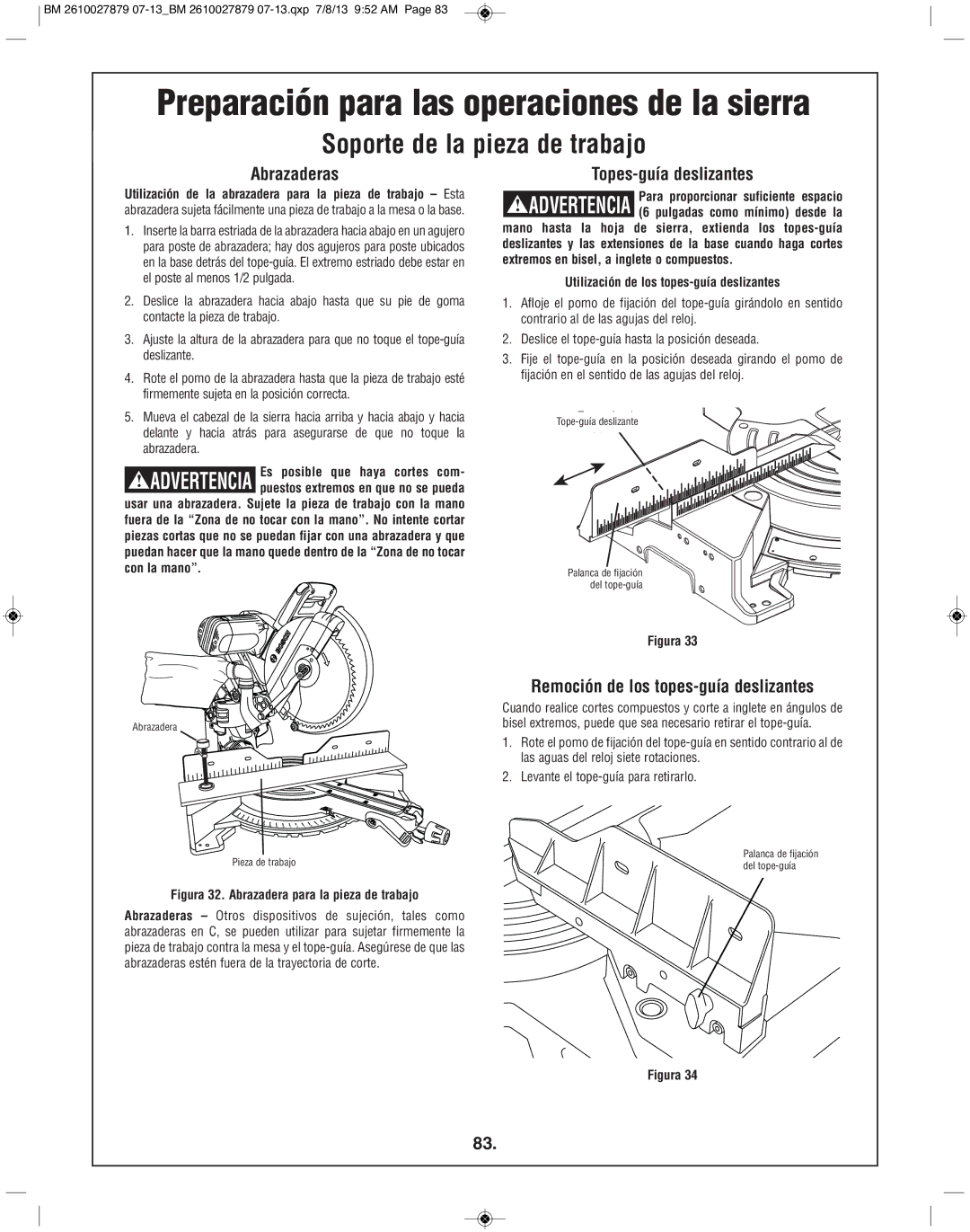 Bosch Power Tools CM10GD manual Soporte de la pieza de trabajo, Abrazaderas, Topes-guía deslizantes 