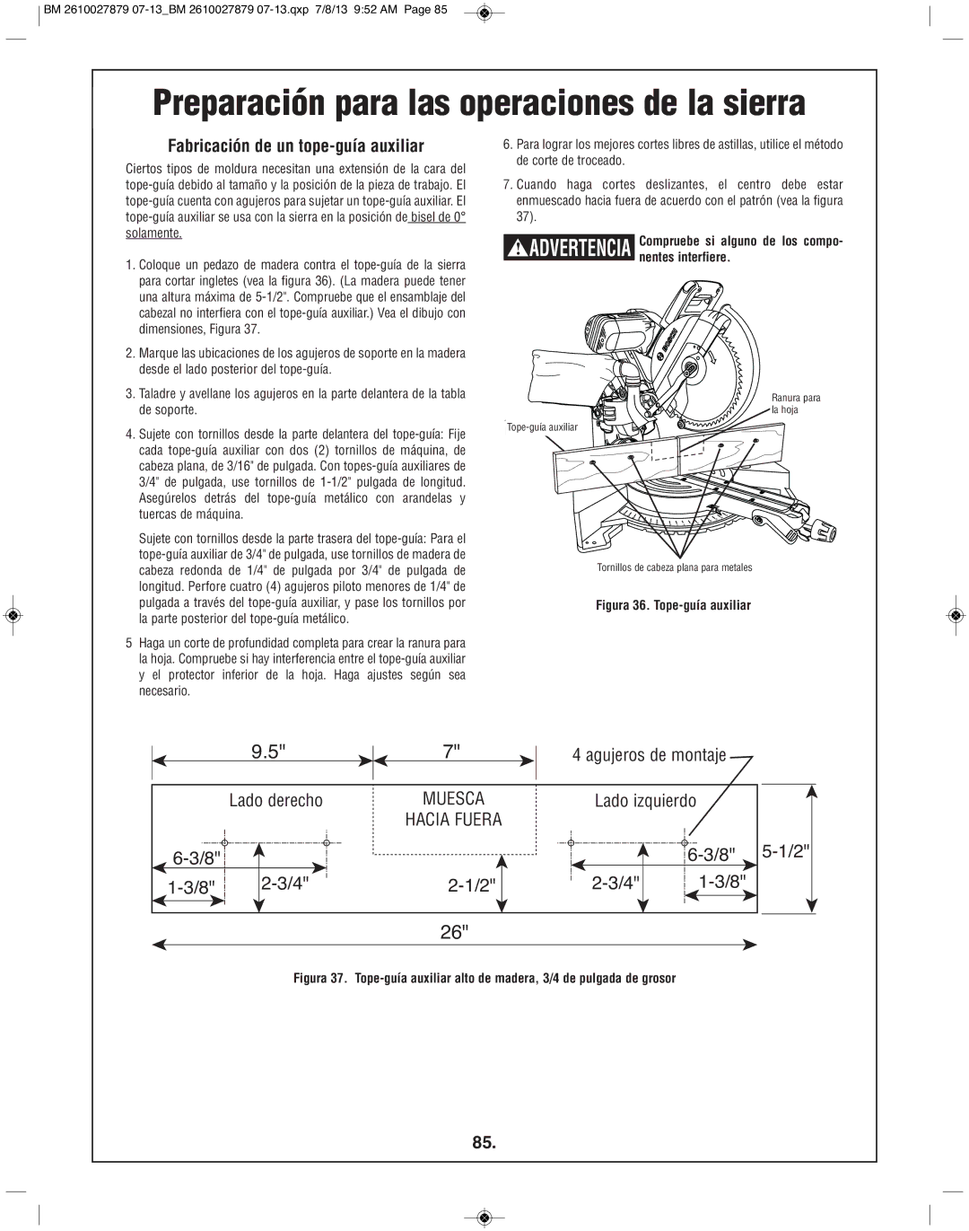 Bosch Power Tools CM10GD manual Fabricación de un tope-guía auxiliar, Figura 36. Tope-guía auxiliar 