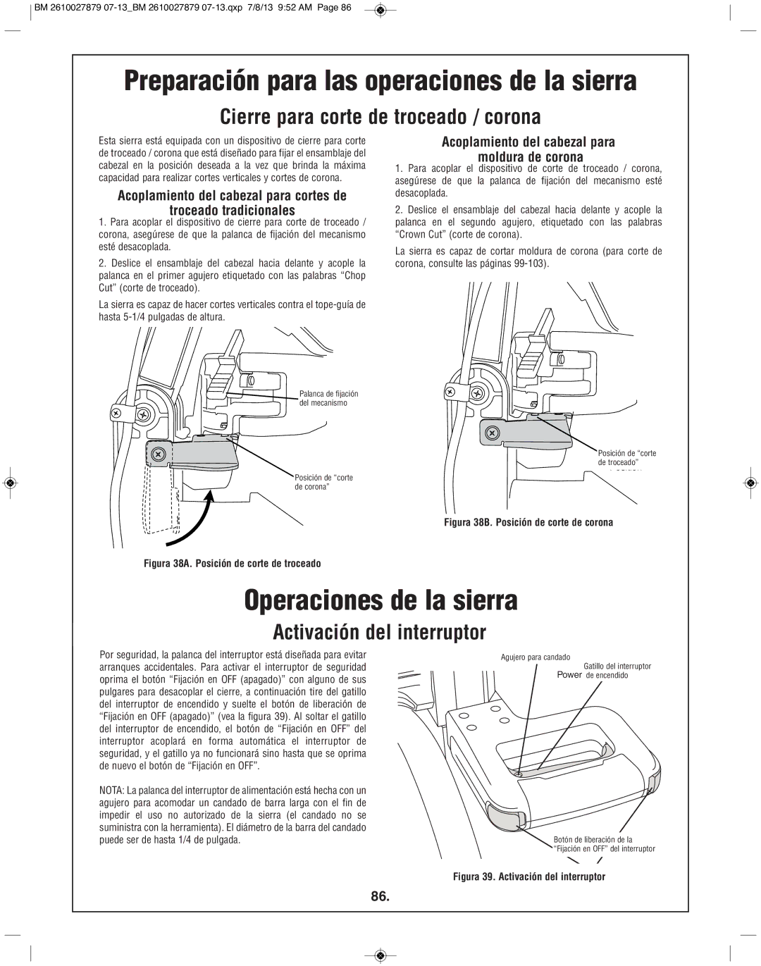 Bosch Power Tools CM10GD Operaciones de la sierra, Cierre para corte de troceado / corona, Activación del interruptor 