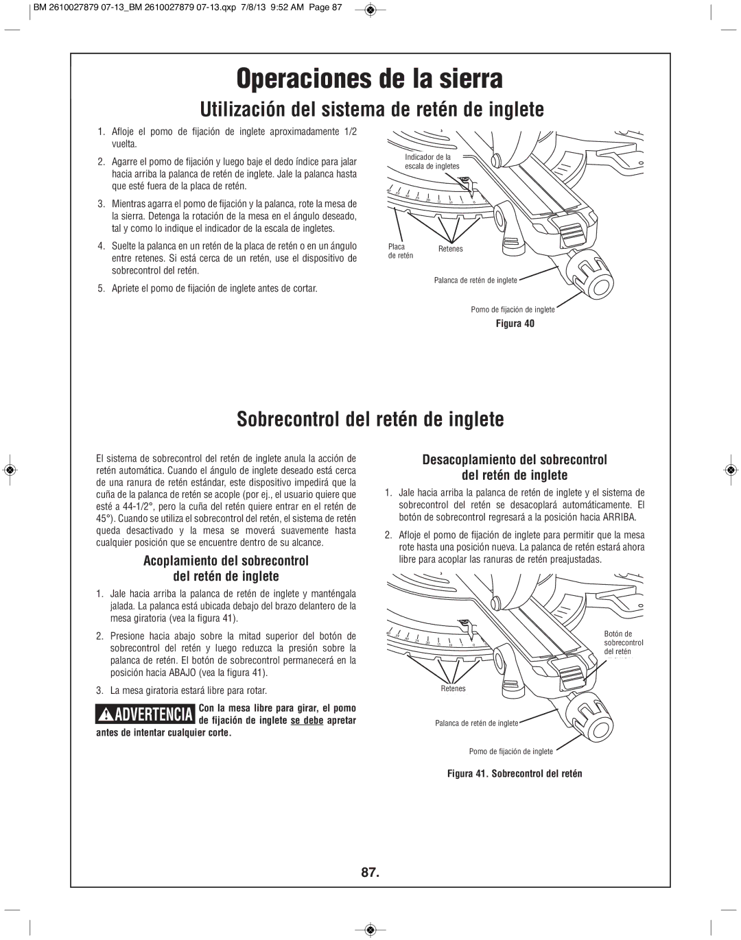 Bosch Power Tools CM10GD manual Utilización del sistema de retén de inglete, Sobrecontrol del retén de inglete 