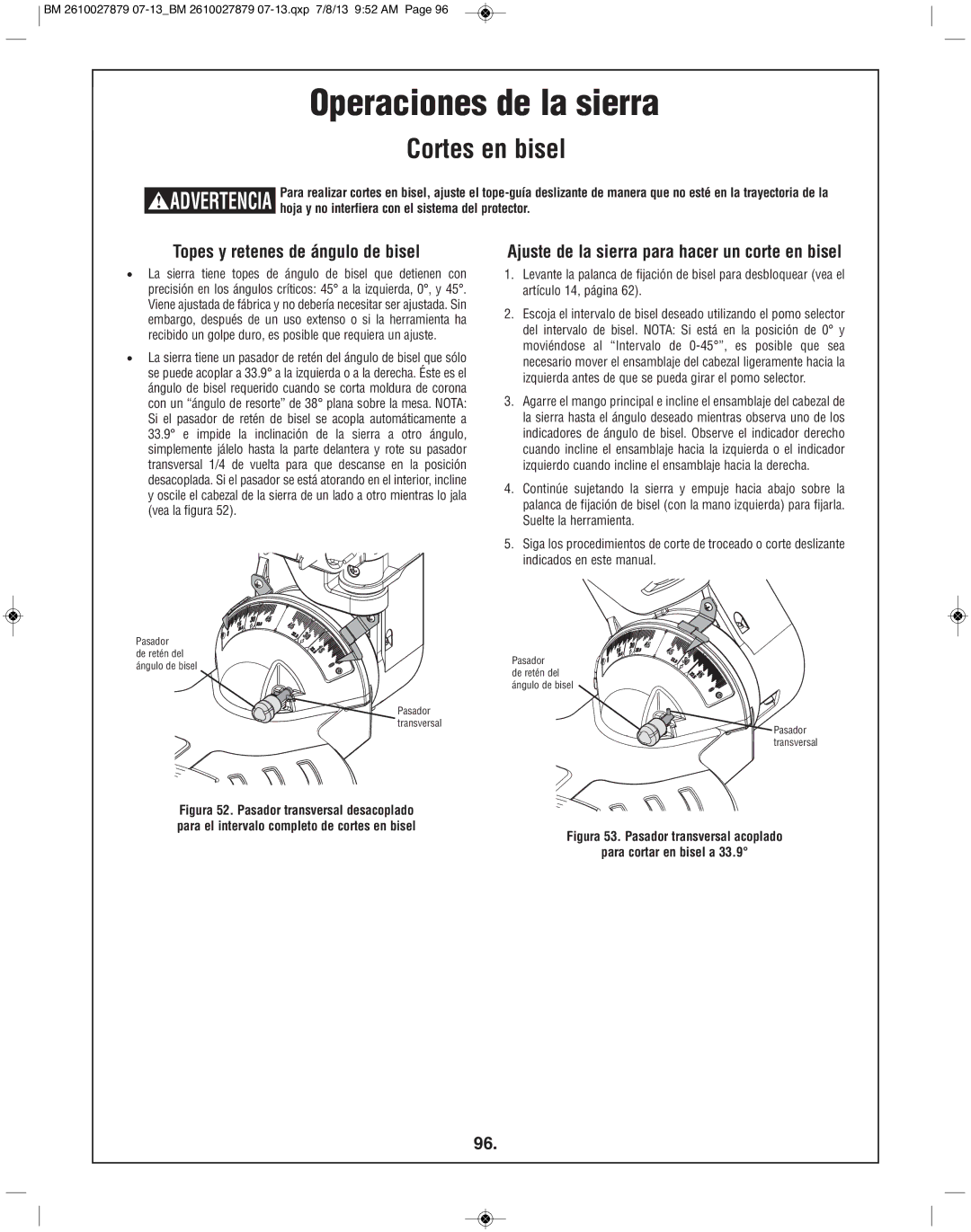 Bosch Power Tools CM10GD manual Topes y retenes de ángulo de bisel, Ajuste de la sierra para hacer un corte en bisel 