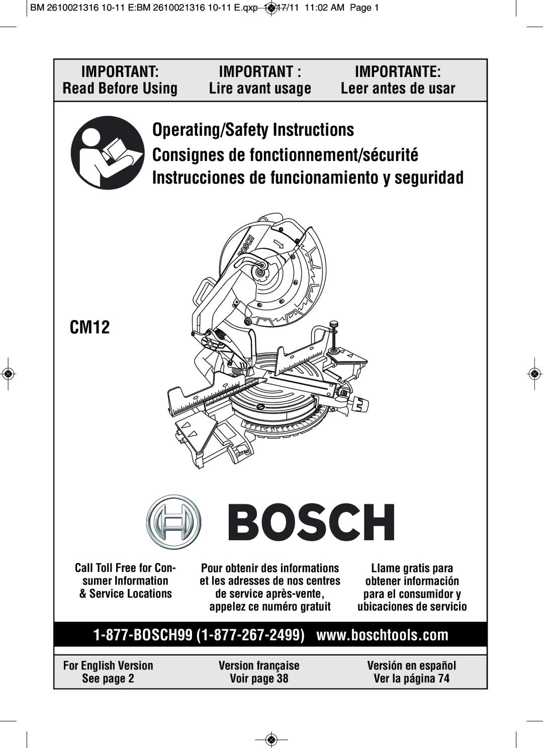 Bosch Power Tools CM12 manual Call Toll Free for Con, Sumer Information, Service Locations, For English Version, See 