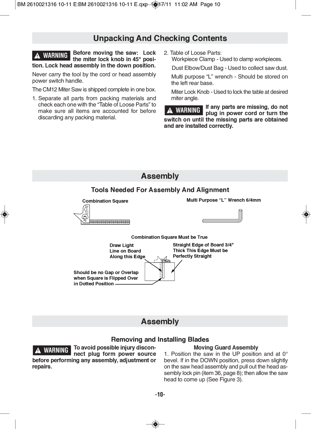 Bosch Power Tools CM12 manual Unpacking And Checking Contents, Assembly 