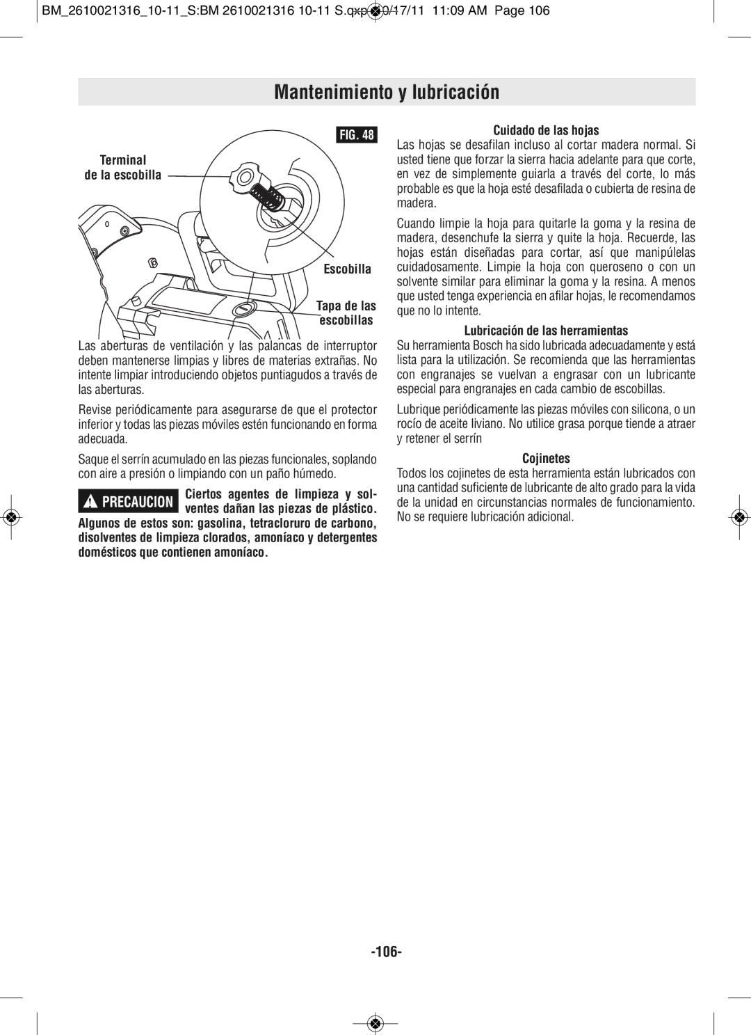 Bosch Power Tools CM12 manual Terminal De la escobilla Escobilla Tapa de las Escobillas, Cuidado de las hojas, Cojinetes 