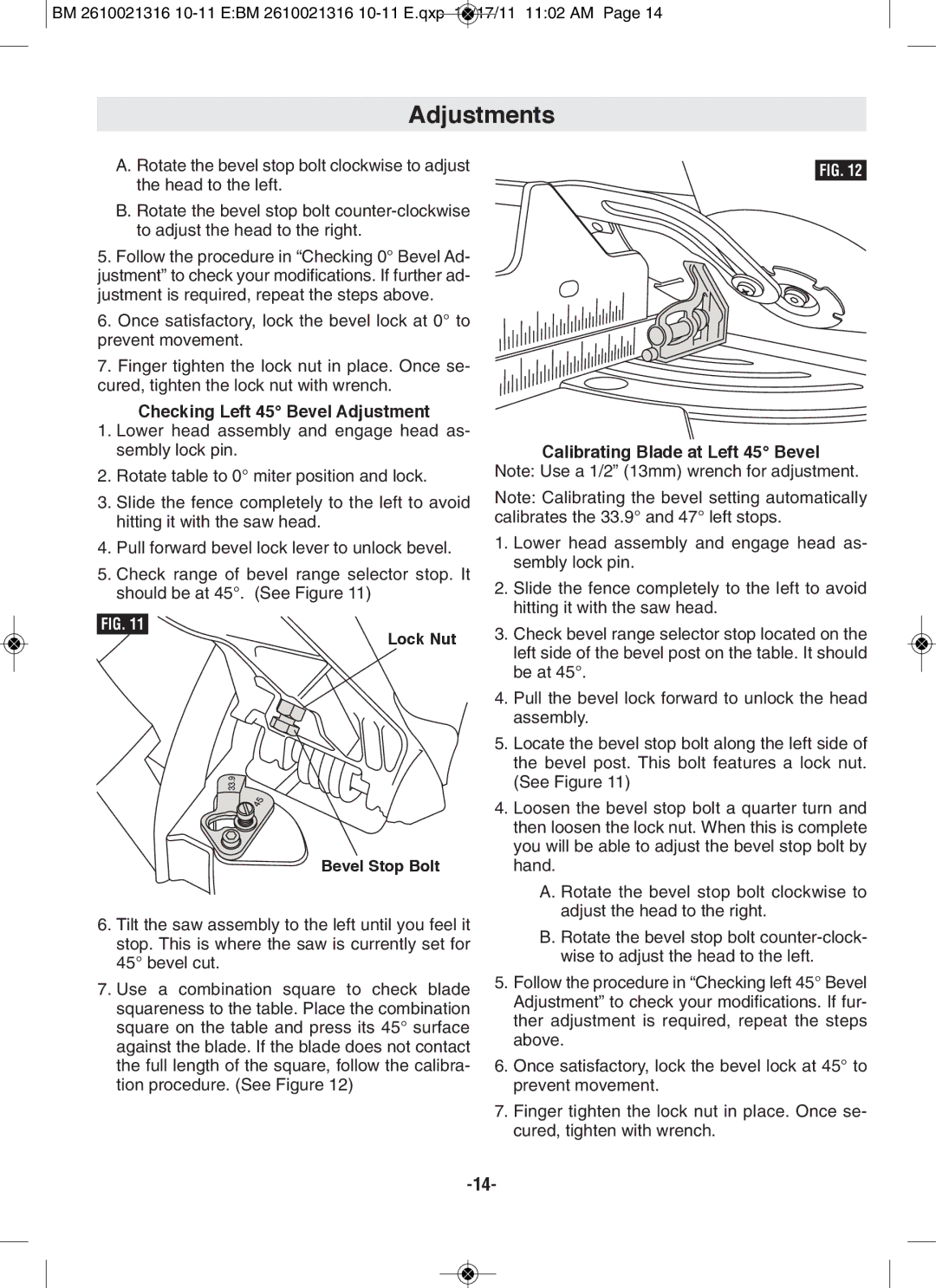 Bosch Power Tools CM12 manual Checking left 45 Bevel Adjustment, Lock Nut Bevel Stop Bolt 