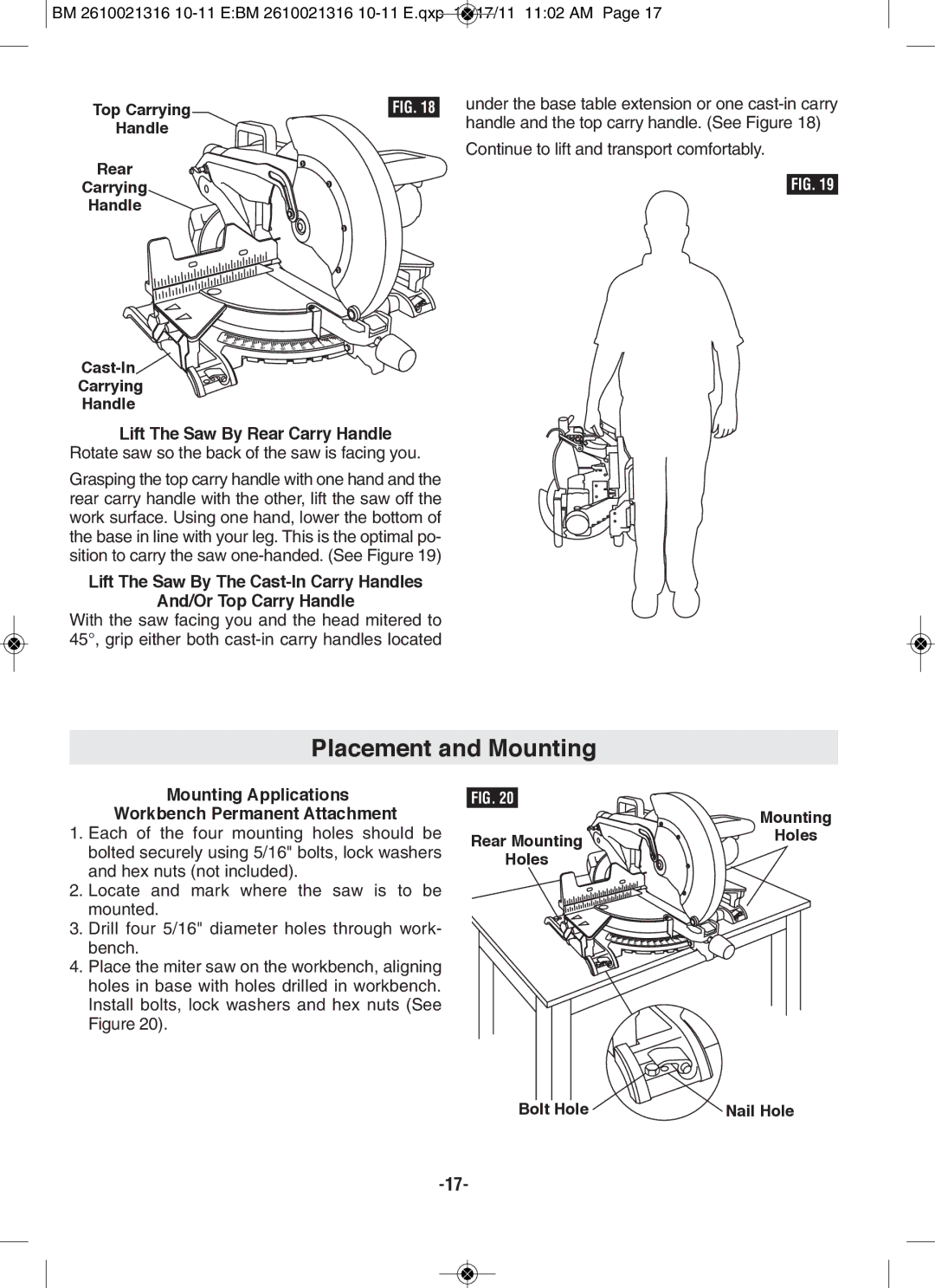 Bosch Power Tools CM12 manual Placement and Mounting, Rear Carrying Handle Cast-In, Rear Mounting, Holes Bolt Hole 