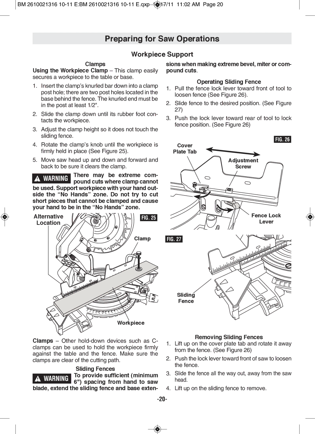 Bosch Power Tools CM12 manual Preparing for Saw Operations, Workpiece Support, Clamp Workpiece 