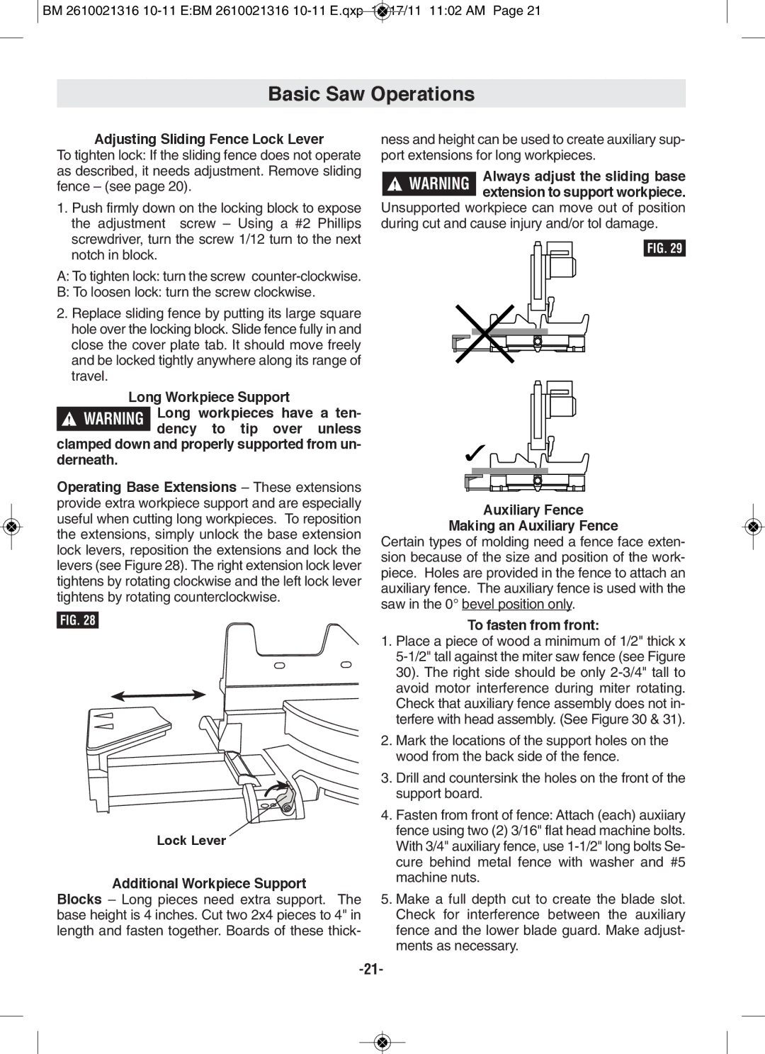 Bosch Power Tools CM12 Adjusting Sliding fence lock lever, Lock lever Additional Workpiece Support, To fasten from front 