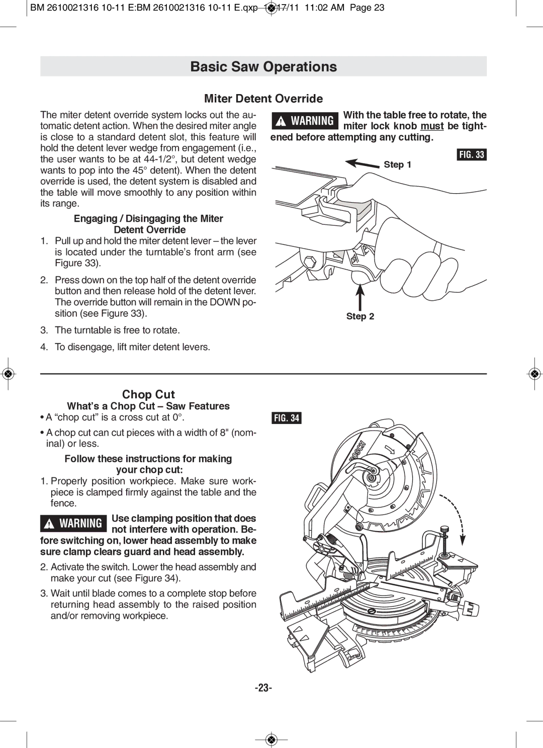 Bosch Power Tools CM12 manual Miter Detent Override, Chop Cut 