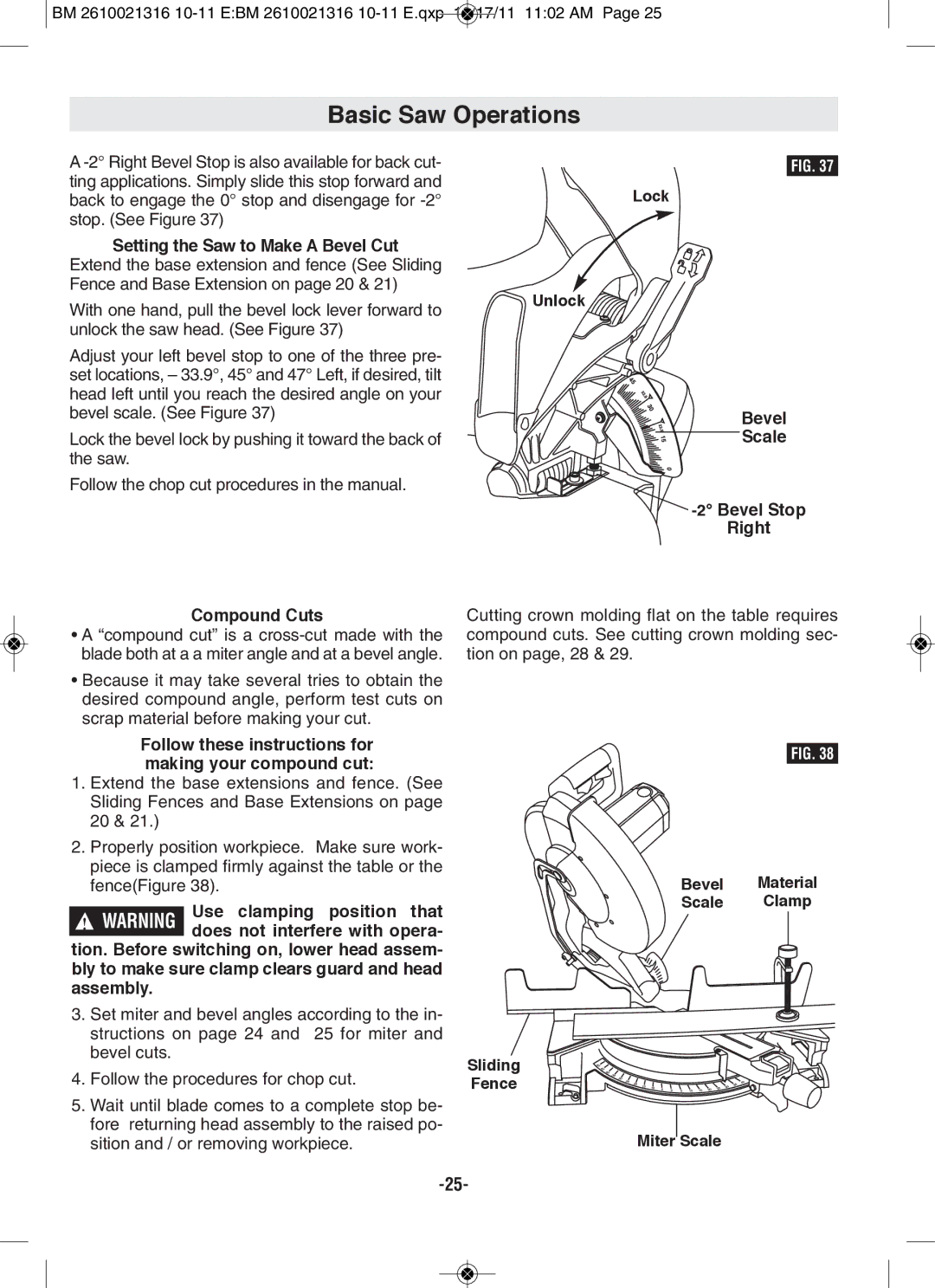 Bosch Power Tools CM12 manual Setting the Saw to Make a Bevel Cut, Compound Cuts, Lock Unlock Bevel Scale Bevel Stop Right 