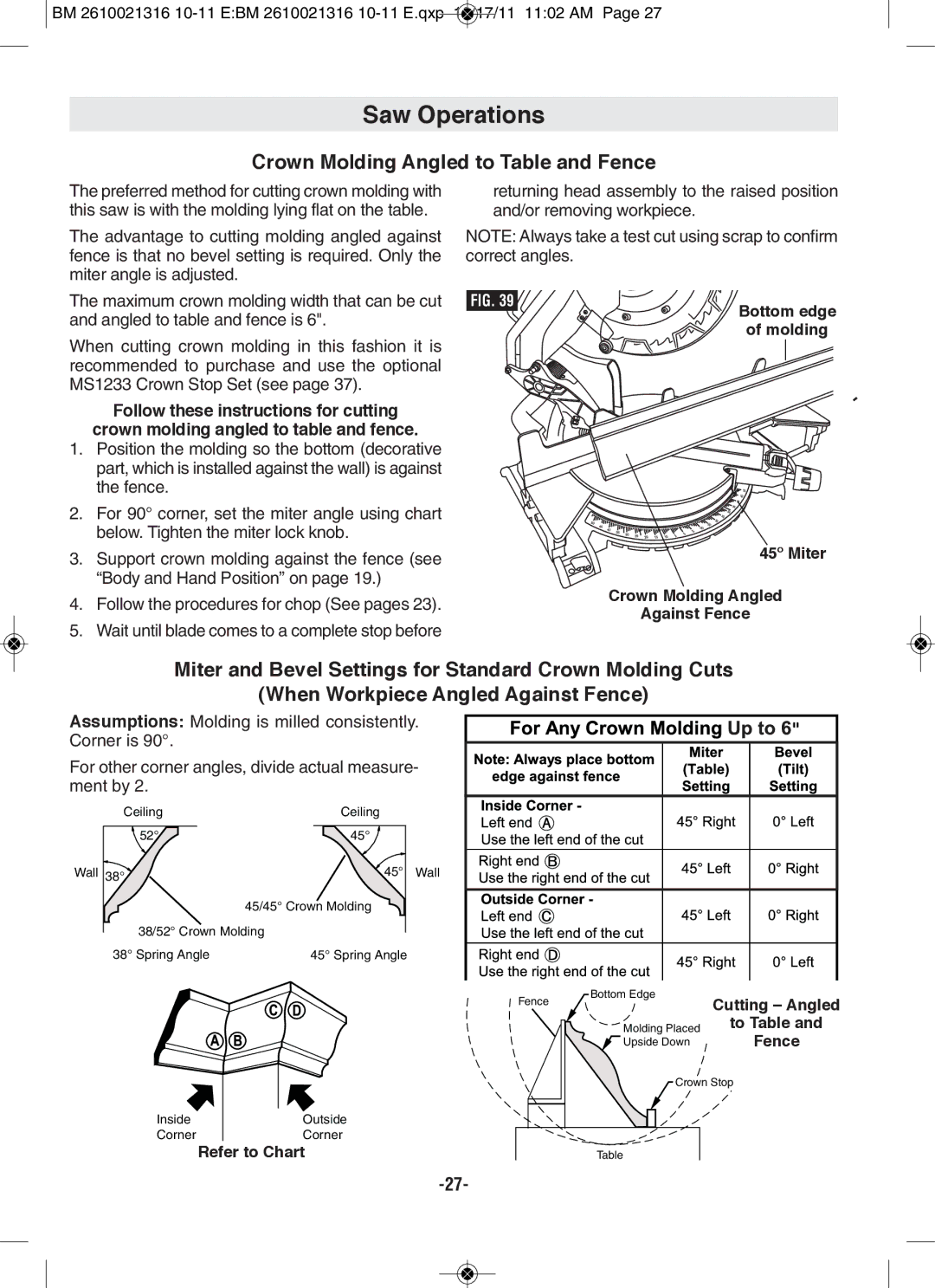 Bosch Power Tools CM12 manual Crown Molding Angled to Table and fence, Refer to Chart 