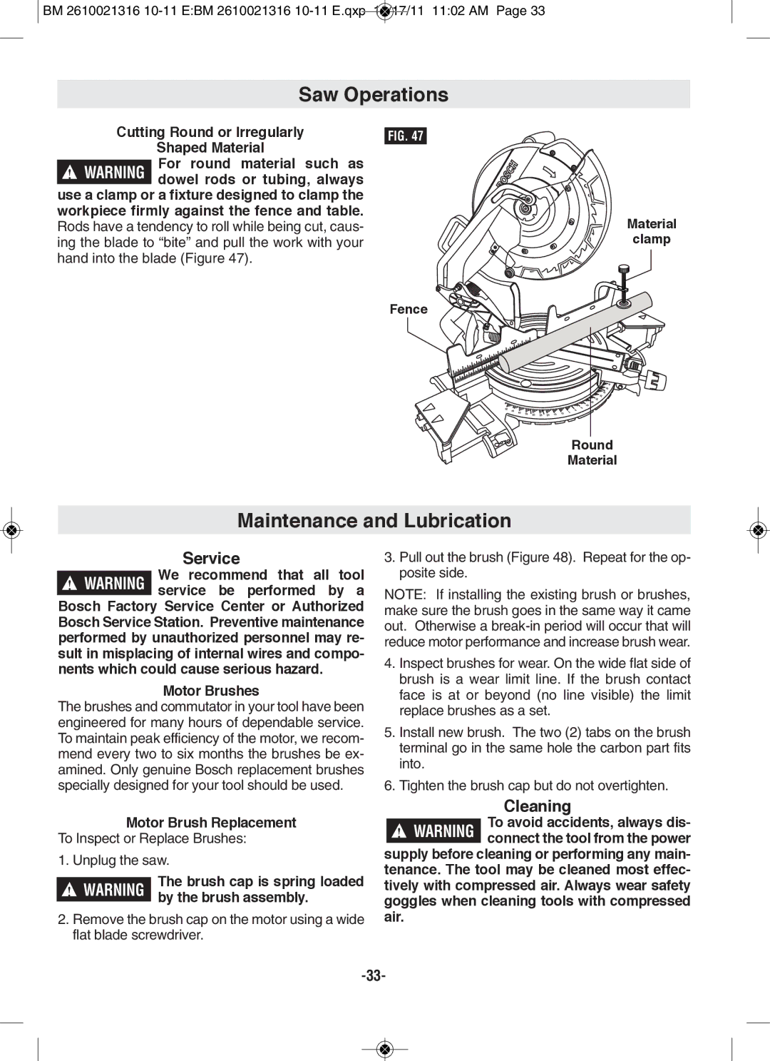 Bosch Power Tools CM12 manual Maintenance and lubrication, Service, Cleaning 