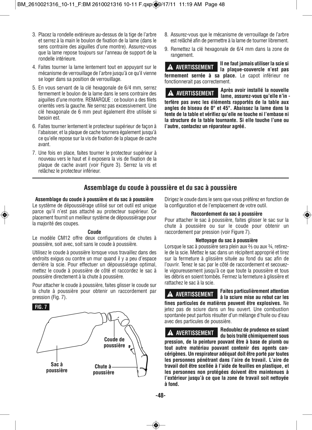 Bosch Power Tools CM12 manual Assemblage du coude à poussière et du sac à poussière, Coude, Poussière 