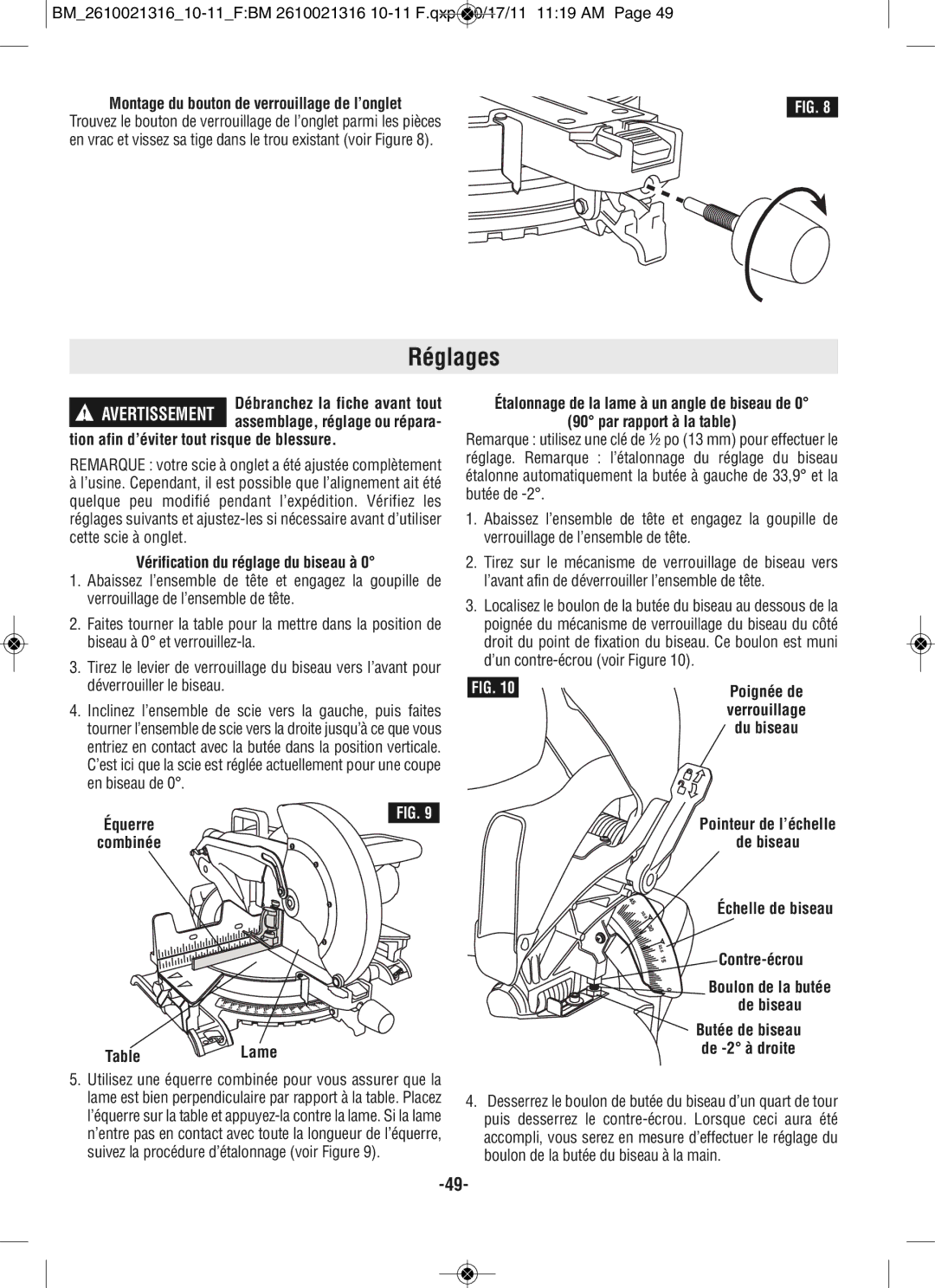 Bosch Power Tools CM12 Réglages, Montage du bouton de verrouillage de l’onglet, Tion afin d’éviter tout risque de blessure 