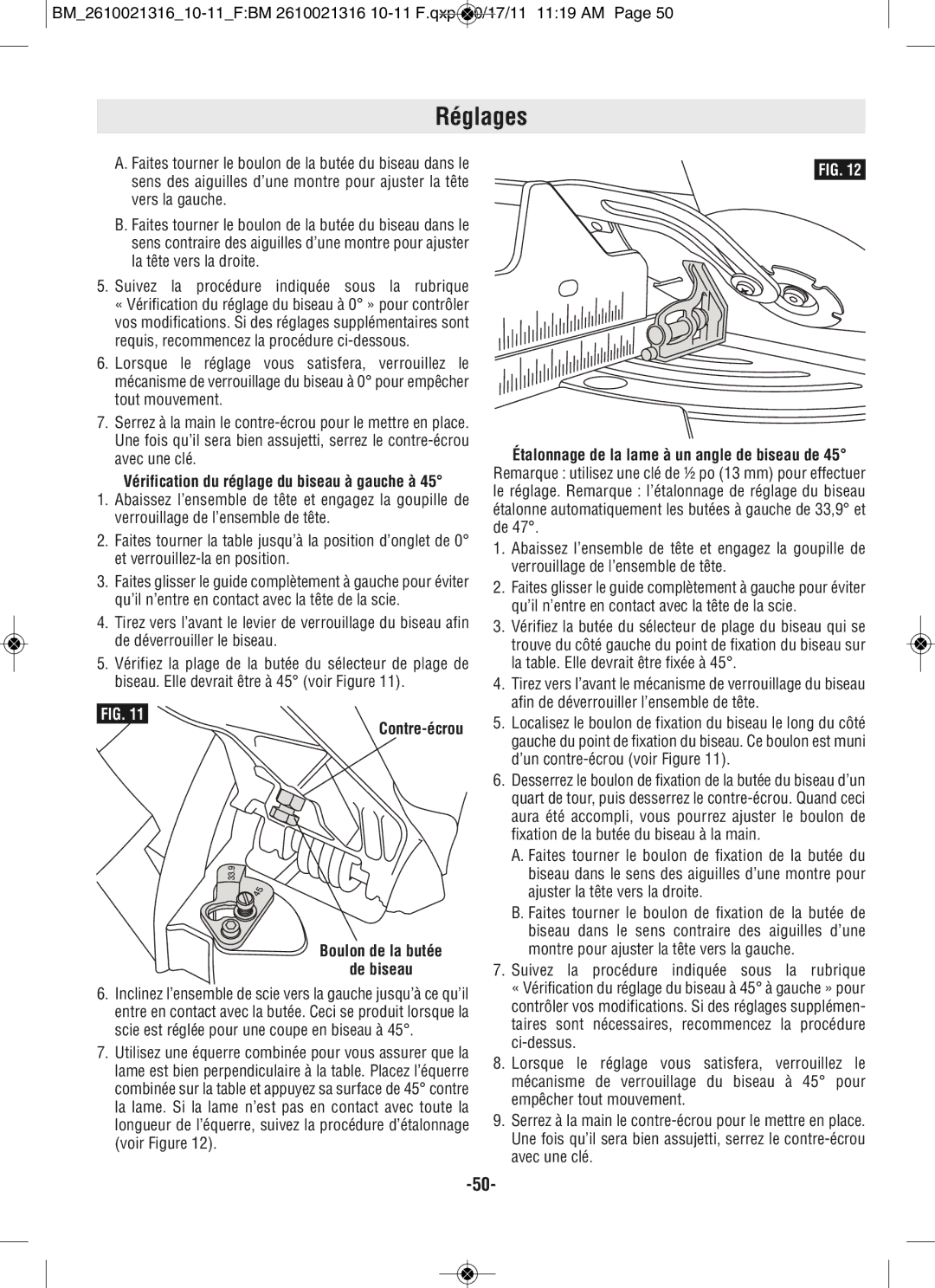 Bosch Power Tools CM12 manual Étalonnage de la lame à un angle de biseau de, Contre-écrou Boulon de la butée De biseau 