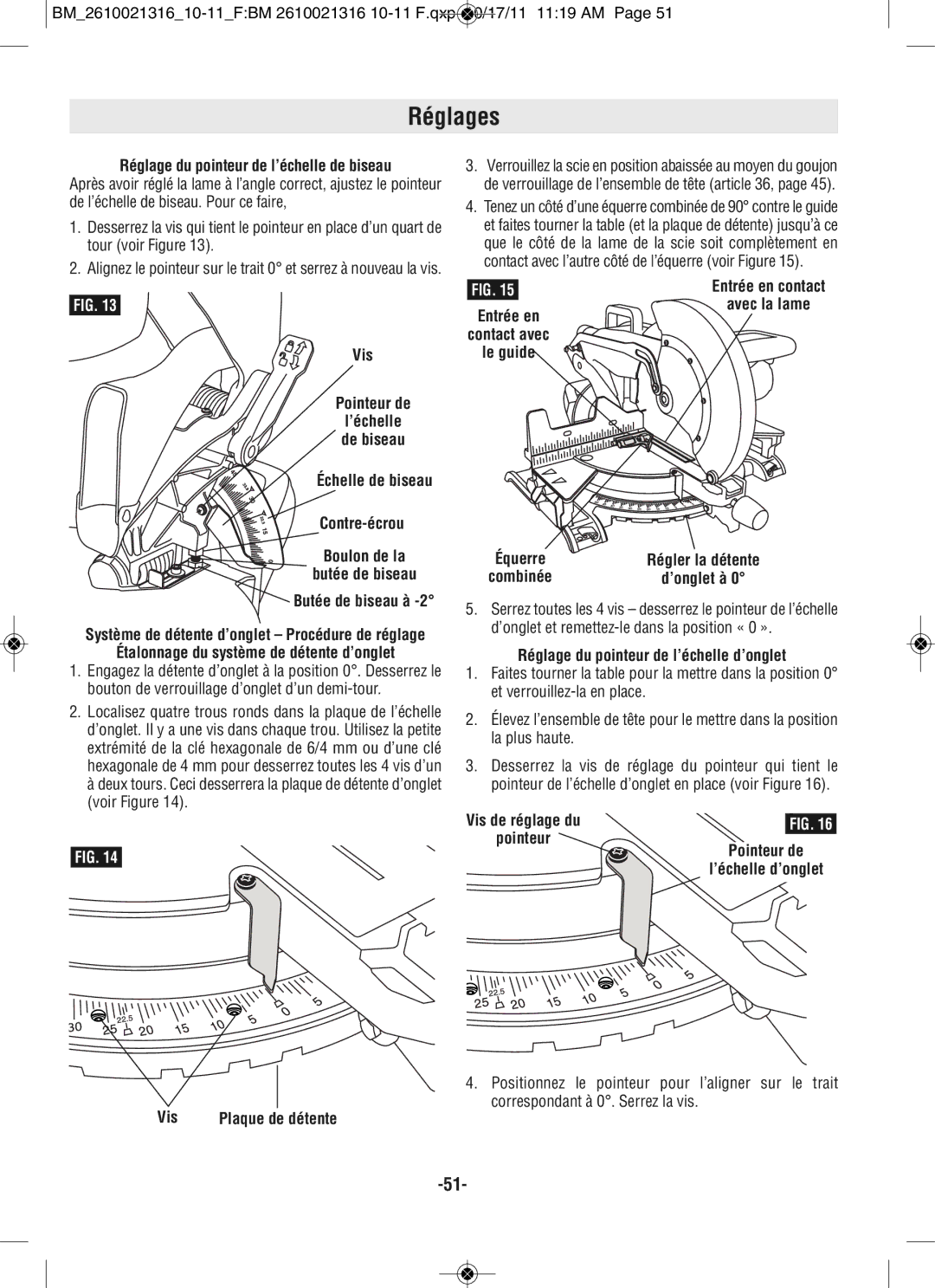 Bosch Power Tools CM12 manual Réglage du pointeur de l’échelle d’onglet, Vis 