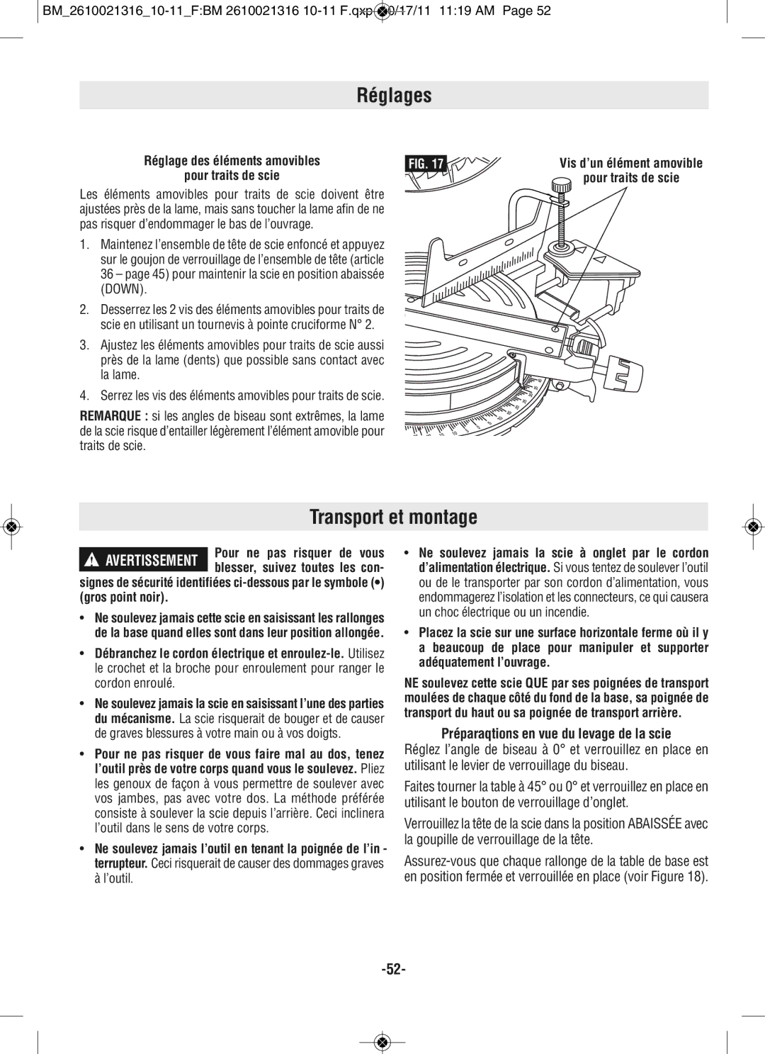 Bosch Power Tools CM12 manual Transport et montage, Préparaqtions en vue du levage de la scie 