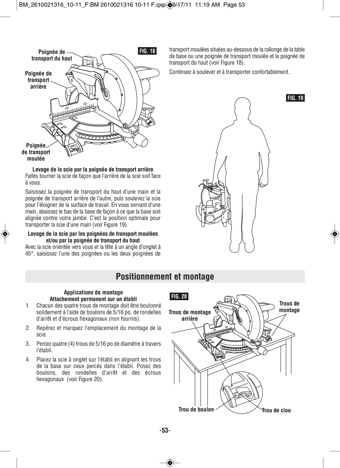 Bosch Power Tools CM12 manual Positionnement et montage, Et/ou par la poignée de transport du haut, Trou de boulon 