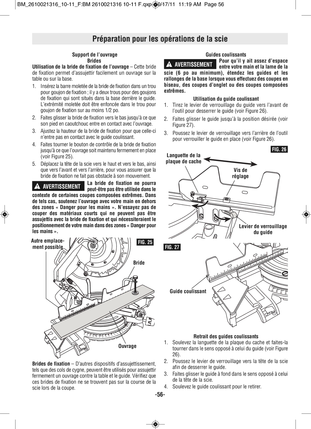 Bosch Power Tools CM12 manual Préparation pour les opérations de la scie, Bride, Ouvrage, Guides coulissants 