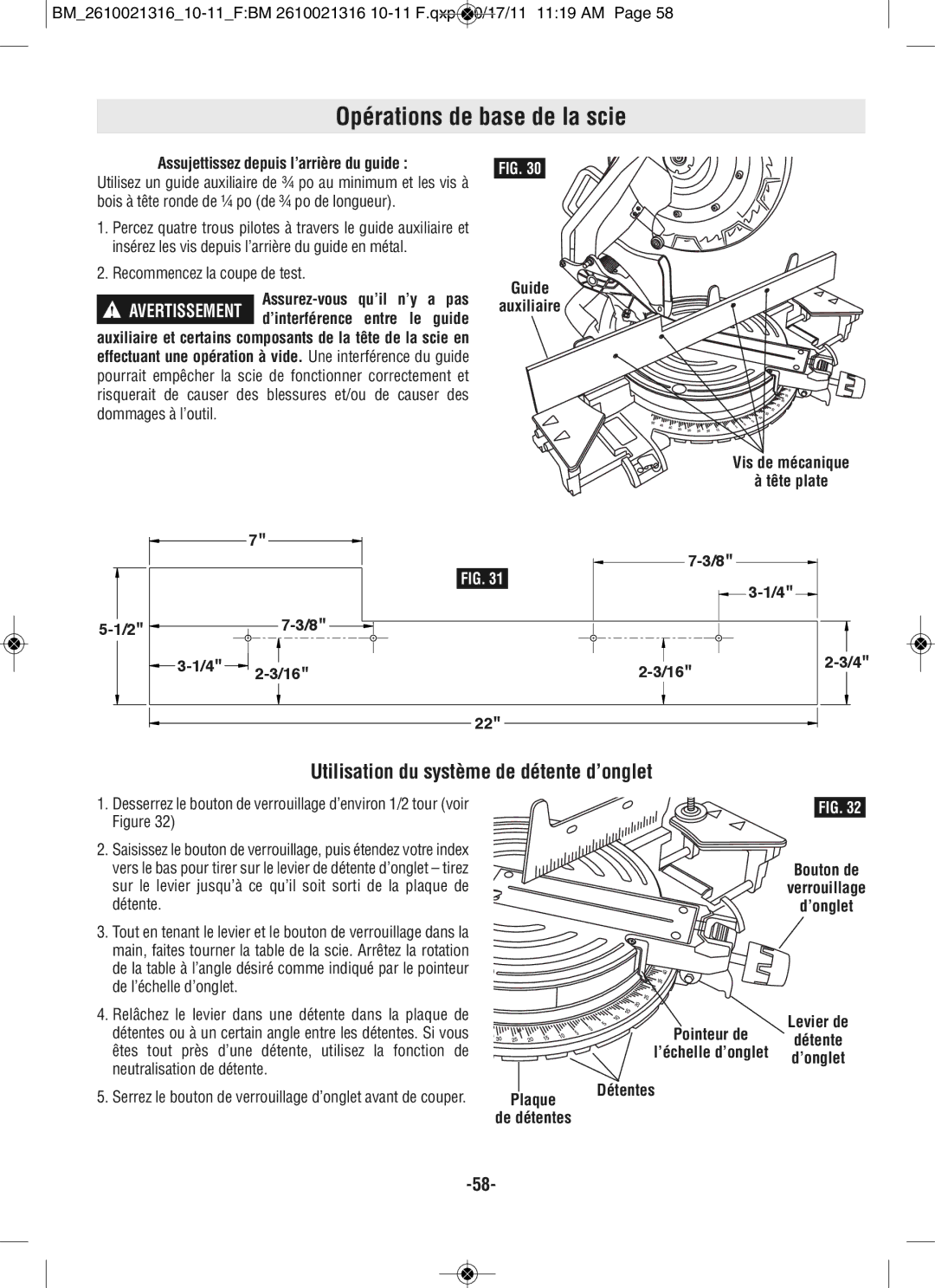 Bosch Power Tools CM12 manual Utilisation du système de détente d’onglet, Assujettissez depuis l’arrière du guide 