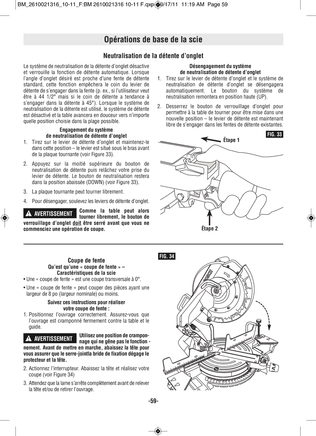 Bosch Power Tools CM12 Neutralisation de la détente d’onglet, Engagement du système De neutralisation de détente d’onglet 