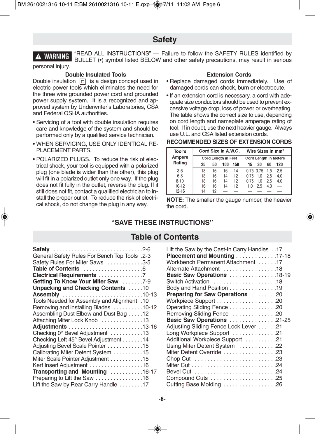 Bosch Power Tools CM12 manual Table of Contents 