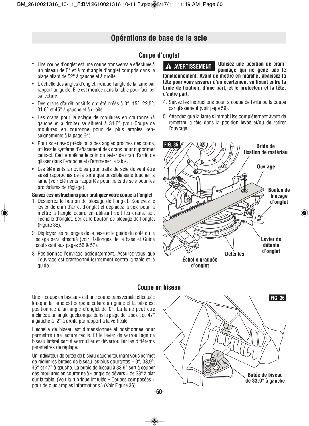 Bosch Power Tools CM12 manual Coupe d’onglet, Coupe en biseau, Levier de Détente Détentes d’onglet 