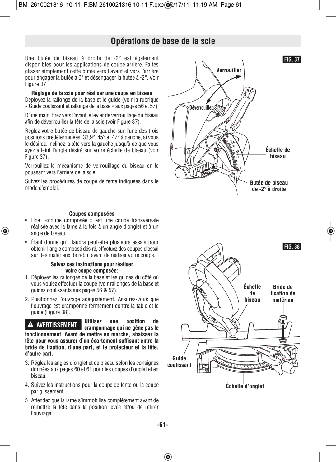 Bosch Power Tools CM12 manual Coupes composées, Verrouiller Déverrouiller Échelle de Biseau, Échelle d’onglet 