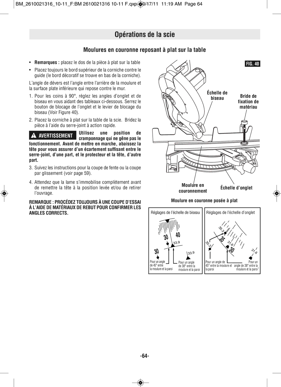 Bosch Power Tools CM12 manual Moulures en couronne reposant à plat sur la table, Moulure en Matériau Échelle d’onglet 