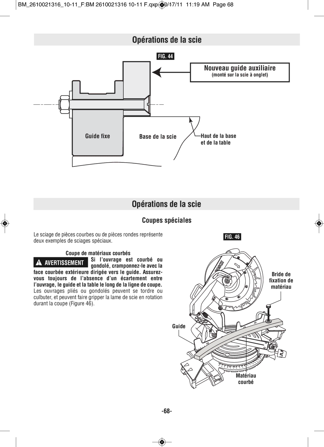 Bosch Power Tools CM12 manual Opérations de la scie, Haut de la base 